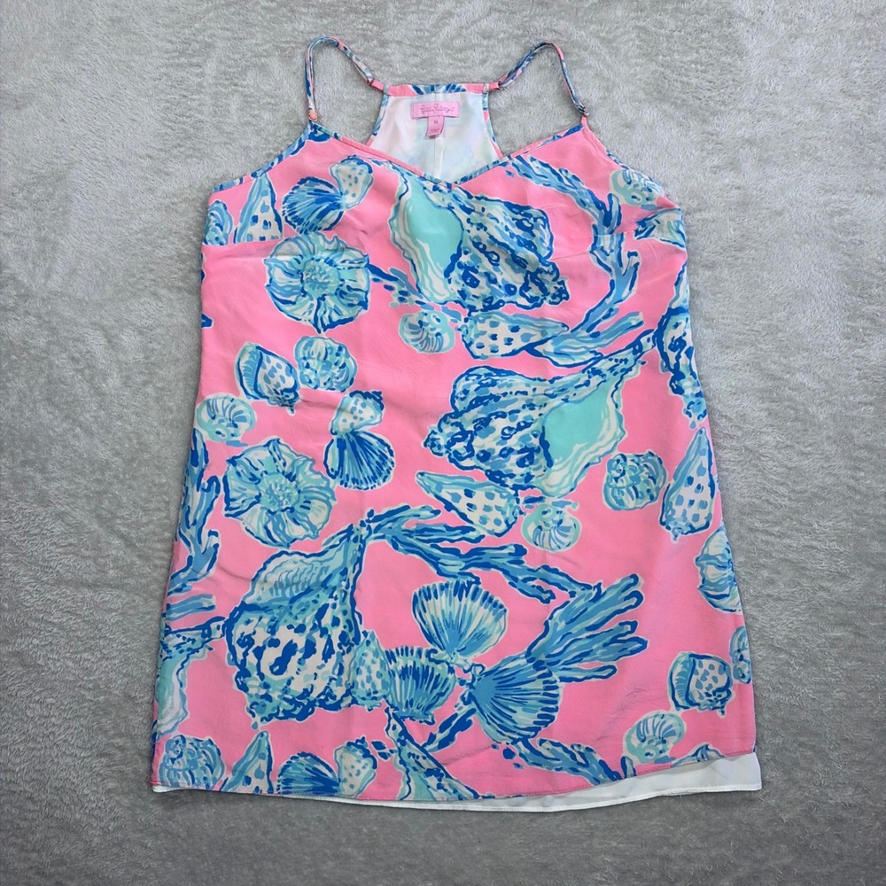Lilly Pulitzer Dusk Dress Womens Medium Pink Blue Seashell Racerback Silk Top
